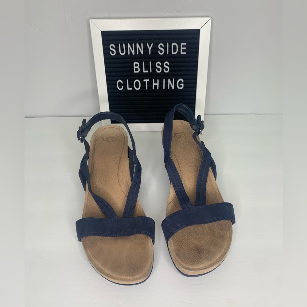 Ugg Kenley Navy Leather Strappy Slingback Wedges Size 9